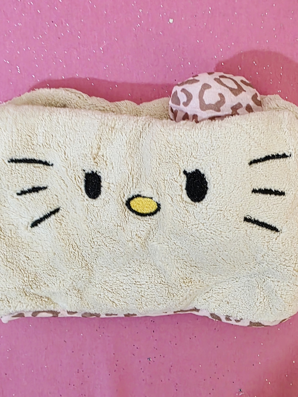 Hello Kitty Plush Hair Towel With Pink Leopard Print Bow